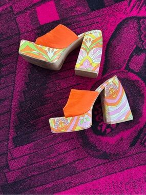 Orange Patterned Platform Mule Heels for Women
